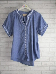 Jolie Saule womens top blouse denim look blue white embroided 10 v-neck linen - Picture 1 of 9