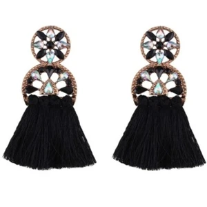 Rhinestone Black Tassel Drop Long Statement Earrings Party Prom - Picture 1 of 1