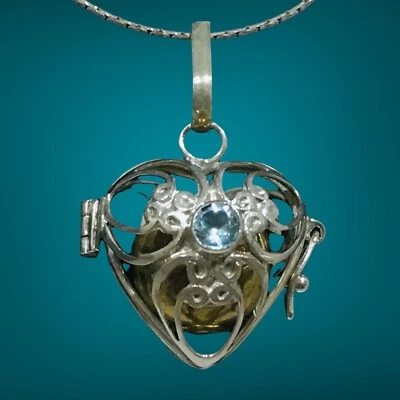 "Medallón en forma de corazón bola de armonía con piedra preciosa de topacio, plata de ley 18""-20""" Foto 1 de 4