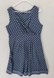 Lands End Women Dress Large P Navy Floral Cotton Blend Sleeveless ALine Knee L - Picture 1 of 17