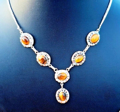 Collar de piedras preciosas ojo de tigre plata de ley 925 hecho a mano joyería de piedras de nacimiento 20" Foto 1 de 4