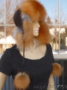 BEAUTIFUL NATURAL RED FOX FUR LEATHER TROOPER TRAPPER USHANKA HAT MEDIUM *NEW* - Picture 1 of 7