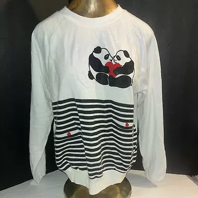 VTG Panda Bear Heart Black White Stripe Sweatshirt Pants Sweatsuit Kawaii Set - Image 1 of 4