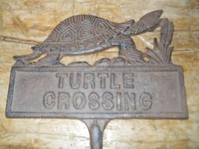Cast Iron TURTLE CROSSING Sign Garden Stake Home Decor Pond Plaque  - Image 1 of 2