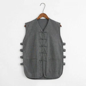 Mens V Neck Sleeveless Kung Fu Waistcoat Shirt Jacket Gilet Vest Martial Art Top - Picture 1 of 18