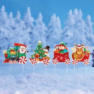 Set of 4 Christmas Santa Elf Snowman Train Yard Stake Outdoor Holiday Lawn Decor - Picture 1 of 3