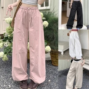 Women Drawstring Waist Baggy Cargo Pant Wide Leg Parachute Trousers with Pockets - Picture 1 of 28