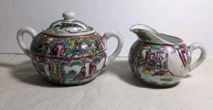 Vintage Chinese Rose Famille Medallion Sugar Bowl And Creamer - Picture 1 of 19