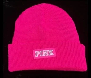 PINK Victoria’s Secret Women’s Neon Pink Ribbed Stretchy Knitted Logo Beanie Hat - Picture 1 of 14