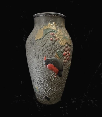 Antique Goofus Glass Vase Indiana Glass Bird Grape Vine Hand Painted early 1900s - Image 1 of 4