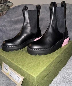 Gucci Leather Sierra Stretch Rib Ankle Black Boots Pink Heel Women Size 10 US - Picture 1 of 19
