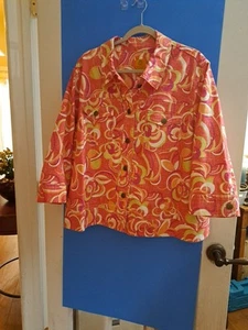 Ruby Rd Jacket Denim Pink Orange 3/4 Sleeve Geometric ButtonDown Womens Size 24W - Picture 1 of 5