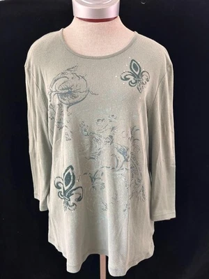Nicole Miller Top Punto Talla XL 3/4 Manga Verde Floral Algodón Cuentas Jersey Foto 1 de 4