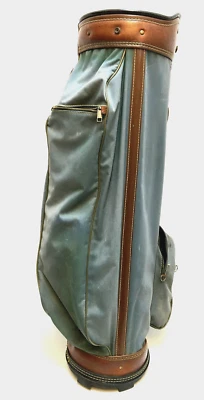 Bolsa de palos de golf Spalding azul lona marrón cuero ribete estampado dorado EE. UU. 14 vías de colección Foto 1 de 4