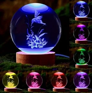 NWT In Box 3D Laser Engraved Crystal Ball Changes 7 Colors  Hummingbird & Flower - Picture 1 of 1