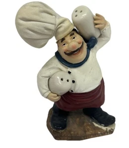 Fat Chef 9”T W Figurine Holding Salt And Pepper Shaker W/Bakers Hat Apron - Picture 1 of 12