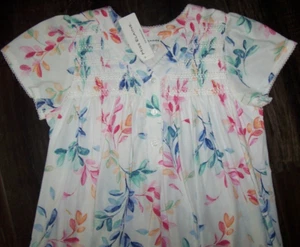 NWT Miss Elaine White/WATERCOLOR LEAVES Silky Knit 38" SMOCKED Nightgown L CUTE - Picture 1 of 4
