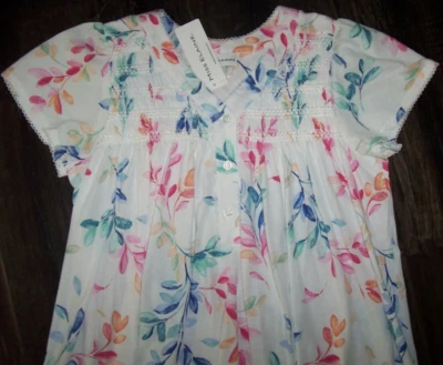 NWT Miss Elaine White/WATERCOLOR LEAVES Silky Knit 38" SMOCKED Nightgown L CUTE - Image 1 of 4