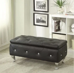 Black Upholstered Bonded Leather Tufted Storage Bench Durable Sturdy Flip Top - Picture 1 of 7