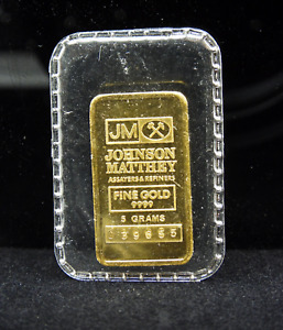 5 Grams Gold Bar Johnson Matthey JM 9999 Fine Gold 039655 JM Logo Reverse
