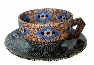 Tazza e piattino vintage anni 50 Jean Gerbino motivo mosaico astratto marrone blu panna - Foto 1 di 7