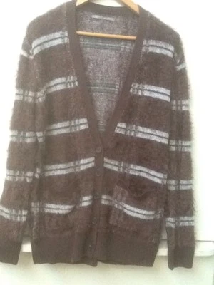 Cárdigan Suéter RUBBISH Marrón Blanco Rayas Suave Deshilachado con Botones M Foto 1 de 3
