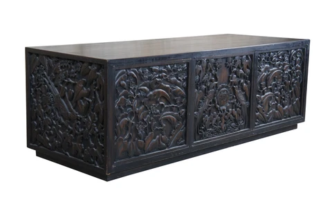 Mid Century Chinese Carved Mahogany Lowboy Media Console Cabinet Chinoiserie 52" Cover