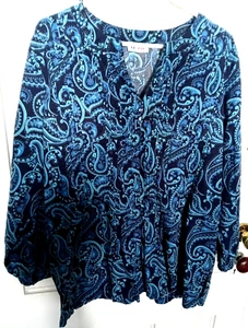 DENIM & CO LgSl Blue/Black Paisley w Vertical Pleating VNeck Cotton Blend Top 1X - Picture 1 of 7