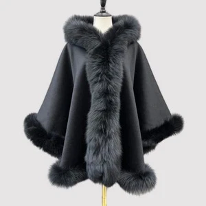 Women's New Black Cashmere Wool Wrap Cape Fox Fur Hood  4.5M  - Picture 1 of 2