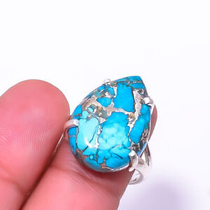 Copper Blue Turquoise Solitaire Handmade 925 Sterling Silver Ring S.8 R40