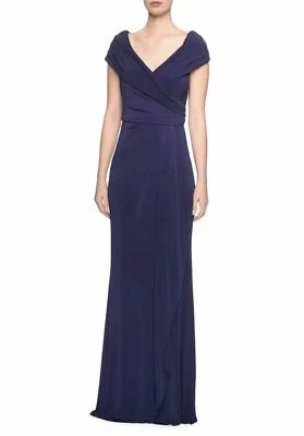 La Femme Navy Blue Ruched Off The Shoulder Jersey Column Gown Size 8 $458 - Image 1 of 4