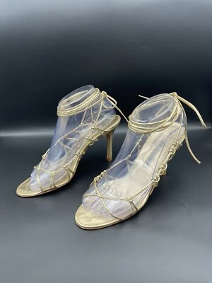 Manolo Blahnik Gold Metallic Lambskin Leather Ankle Wrap Heels 38 Strappy $795 - Image 1 of 4