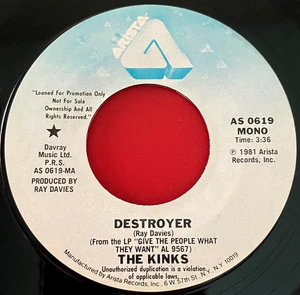 The Kinks Destroyer 7" US MONO/STEREO PROMO 1981 Arista AS 0619 VINYL - Picture 1 of 8