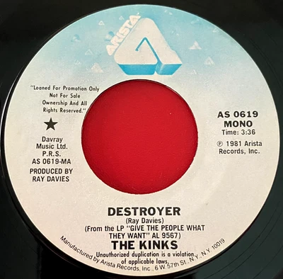 The Kinks Destroyer 7" US MONO/STEREO PROMO 1981 Arista AS 0619 VINYL - Image 1 of 4
