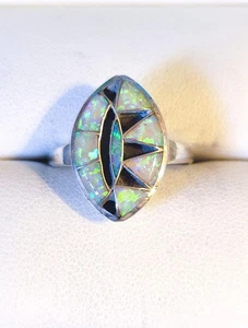 Vintage Indianer Sterlingsilber Opal & schwarzer Onyx Ring Größe 6,75 - Bild 1 von 5