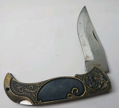 Navaja de Bolsillo Plegable Vintage Tono Latón - Mango Floral, 7.5" Abierta Foto 1 de 3