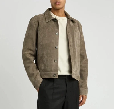 Mens Beige suede leather Trucker jacket pure suede slim fit Shirt biker jacket L - Image 1 of 4