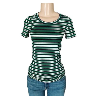 J Crew T-Shirt Womens Size Extra Small Green Blue White Striped Perfect Fit Tee  - Image 1 of 4