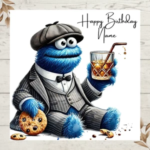 Personalised Cookie Monster Drinking Whiskey Greetings Card ANY NAME/AGE - Picture 1 of 1
