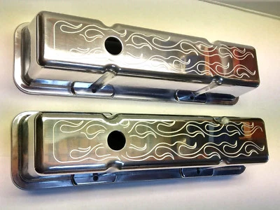 Chevy Chevrolet GM SBC Alloy Valve Covers Flammed - Image 1 of 4