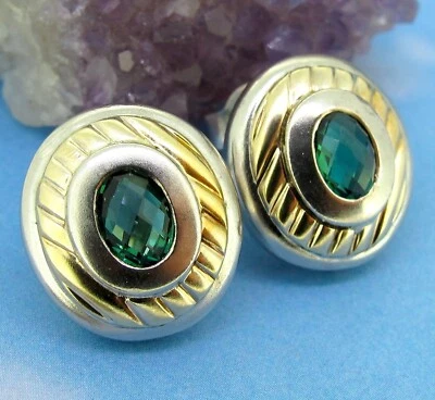 Checkerboard Cut Green Tourmaline Stone 18k Gold & Sterling Silver Stud Earrings - Image 1 of 3