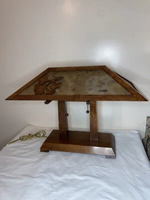 Mission Arts & Crafts Style Quarter Sawn Oak Double Pedestal Table Lamp Mica - Image 1 of 4