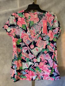 NWT Lilly Pulitzer Etta V-Neck Top High Tide Navy Honda Classic Large - Picture 1 of 12