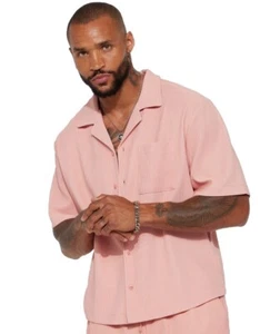 Nova Men Cuban Shirt Ribbed Mauve Peach Sexy Button Up Pocket Top Sz L NEW - Picture 1 of 3