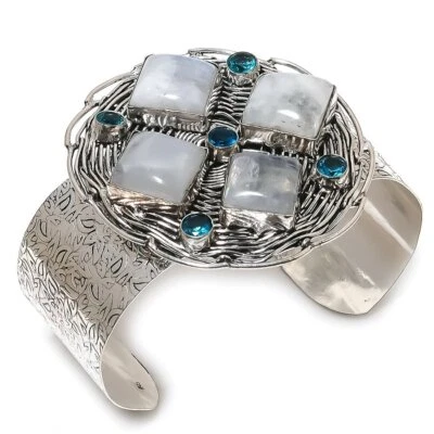 Natural Rainbow Moonstone, Topaz Gemstone 925 Sterling Silver Cuff Bracelet E071 - Image 1 of 4
