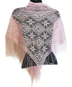 Sciarpa triangolo rosa all'uncinetto frange pizzo scialle bohemien sera - Foto 1 di 3