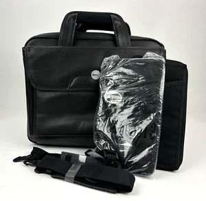 DELL Black Leather Executive Brief Case Laptop Travel Bag Padded & Wallets - Picture 1 of 17