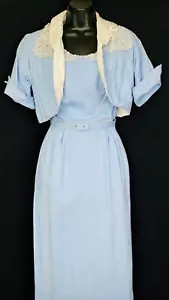 Vintage 1950s blue dress set, cotton linen pin-up wiggle formal bolero spring S - Picture 1 of 20