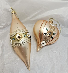 Embellished glass blown Christmas Tree Ornaments, Tear Drop and Heart shaped - Picture 1 of 14