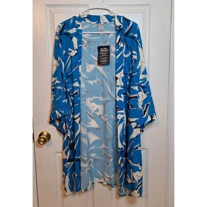 Catherines Blue White Floral Duster Length Open Front Cardigan Beachy Size 1X - Picture 1 of 9
